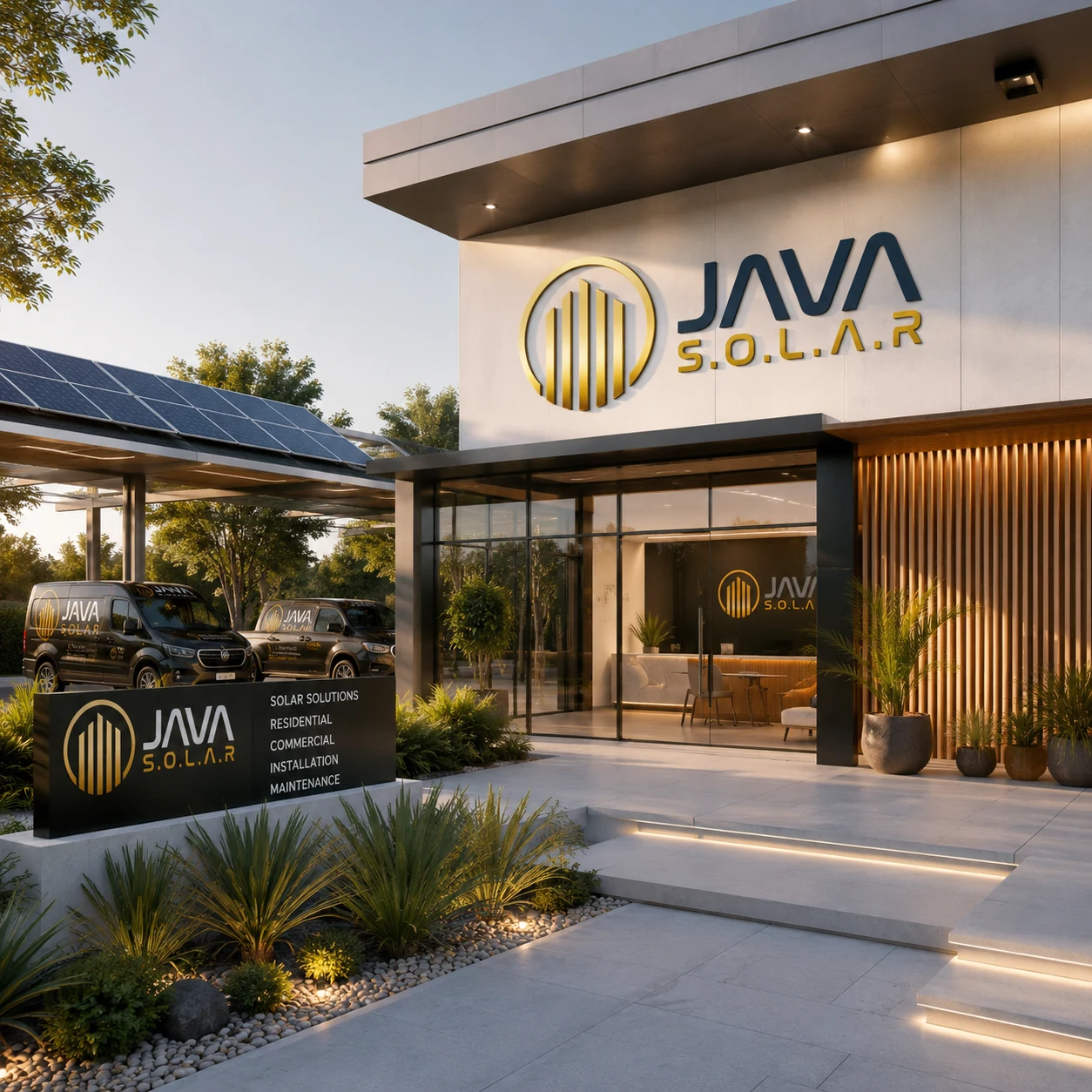 Aplicação da identidade visual da Java Solar em fachada, frota e comunicação